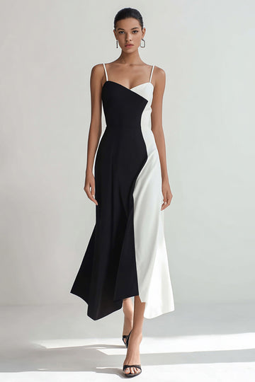 Black and white Chiffon Sheath Spaghetti Straps Long Formal Dress
